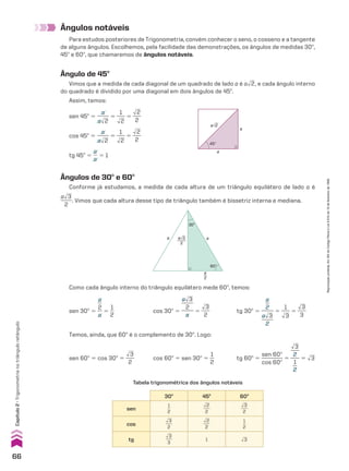 Ângulos de 30w e 60w
Conforme já estudamos, a medida de cada altura de um triângulo equilátero de lado a é
adll
3
_____
2
. Vimos que cada altura desse tipo de triângulo também é bissetriz interna e mediana.
a
a
60°
30°
a√3
2
a
2
Como cada ângulo interno do triângulo equilátero mede 60w, temos:
cos 30w 5
adll
3
_____
2
_____
a
5
dll
3
___
2
tg 30w 5
a
__
2
_____
adll
3
_____
2
5
1
___
dll
3
5
dll
3
___
3
sen 30w 5
a
__
2
__
a
5
1
__
2
Temos, ainda, que 60w é o complemento de 30w. Logo:
Tabela trigonométrica dos ângulos notáveis
30w 45w 60w
sen
1
__
2
dll
2
___
2
dll
3
___
2
cos
dll
3
___
2
dll
2
___
2
1
__
2
tg
dll
3
___
3
1 dll
3
sen 60w 5 cos 30w 5
dll
3
___
2
cos 60w 5 sen 30w 5
1
__
2
tg 60w 5
sen 60w
________
cos 60w
5
dll
3
___
2
____
1
__
2
5 dll
3
Ângulos notáveis
Para estudos posteriores de Trigonometria, convém conhecer o seno, o cosseno e a tangente
de alguns ângulos. Escolhemos, pela facilidade das demonstrações, os ângulos de medidas 30w,
45w e 60w, que chamaremos de ângulos notáveis.
a
a
45°
a√2
sen 45w 5
a
_____
adll
2
5
1
___
dll
2
5
dll
2
___
2
cos 45w 5
a
_____
adll
2
5
1
___
dll
2
5
dll
2
___
2
tg 45w 5
a
__
a
5 1
Ângulo de 45w
Vimos que a medida de cada diagonal de um quadrado de lado a é adll
2, e cada ângulo interno
do quadrado é dividido por uma diagonal em dois ângulos de 45w.
Assim, temos:
66
Reprodução
proibida.
Art.184
do
Código
Penal
e
Lei
9.610
de
19
de
fevereiro
de
1998.
Capítulo
2
•
Trigonometria
no
triângulo
retângulo
CAP 02.indb 66 02.09.10 09:21:46
 