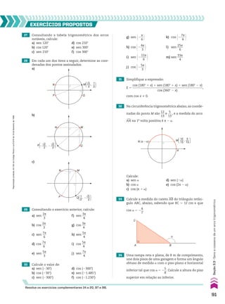 27 Consultando a tabela trigonométrica dos arcos
notáveis, calcule:
a) sen 120w d) cos 210w
b) cos 120w e) sen 300w
c) sen 210w f) cos 300w
34 Uma rampa reta e plana, de 8 m de comprimento,
une dois pisos de uma garagem e forma um ângulo
obtuso de medida a com o piso plano e horizontal
inferior tal que cos a 5 2
5
__
8
. Calcule a altura do piso
superior em relação ao inferior.
32 Na circunferência trigonométrica abaixo, as coorde-
nadas do ponto M são
12
___
13
e
5
___
13
, e a medida do arco
+
AN na 1a
volta positiva é s 2 a.
33 Calcule a medida do cateto AB do triângulo retân-
gulo ABC, abaixo, sabendo que BC 5 12 cm e que
cos a 5 2
4
__
7
.
31 Simplifique a expressão:
E 5
cos (180w 1 x) 1 sen (180w 1 x) 1 sen (180w 2 x)
_____________________________________________
cos (360w 2 x)
,
com cos x % 0.
28 Em cada um dos itens a seguir, determine as coor-
denadas dos pontos assinalados.
29 Consultando o exercício anterior, calcule:
a) sen
2s
___
3
f) sen
3s
___
4
b) cos
2s
___
3
g) cos
3s
___
4
c) sen
7s
___
6
h) sen
5s
___
4
d) cos
7s
___
6
i) cos
5s
___
4
e) sen
5s
___
3
j) sen
7s
___
4
g) sen @2
s
__
6 # k) cos @2
7s
___
4 #
h) cos @2
4s
___
3 # l) sen
25s
____
6
i) sen @2
11s
____
6 # m) sen
33s
____
4
j) cos @2
5s
___
3 #
30 Calcule o valor de:
a) sen (230w) d) cos (2300w)
b) cos (230w) e) sen (21.485w)
c) sen (2300w) f) cos (21.230w)
EXERCÍCIOS pROpOStOS
Resolva os exercícios complementares 14 a 20, 97 e 98.
Q
P
N ,
M[ ]
√3
2
1
2
Q
M
N
,
P[ ]
√2
2
√2
2
� �
M
P
N
,
Q[ ]
√3
2
1
2
�
a)
b)
c)
A
N (π �α) ,
M[ ]
12
13
5
13
Calcule:
a) sen a d) sen (2a)
b) cos a e) cos (2s 2 a)
c) cos (s 1 a)
B
A
C
�
91
Seção
3.3
•
Seno
e
cosseno
de
um
arco
trigonométrico
Reprodução
proibida.
Art.184
do
Código
Penal
e
Lei
9.610
de
19
de
fevereiro
de
1998.
CAP 03.indb 91 02.09.10 09:56:06
 