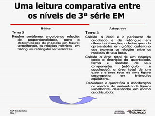 Uma leitura comparativa entre
       os níveis de 3ª série EM
                         Básico                            Adequado
  Tema 3                                    Tema 3
  Resolve problemas envolvendo relações     Calcula a área e o perímetro de
     de    proporcionalidade,    para   a      quadrado e de retângulo em
     determinação de medidas em figuras        diferentes situações, inclusive quando
     semelhantes, as relações métricas em      apresentados em gráfico cartesiano
     triângulos retângulos semelhantes.        que expressa as relações entre as
                                               medidas de seus lados.
                                            Calcula a área total de um mosaico
                                               dada a descrição da quantidade,
                                               forma     e     medidas       de    seus
                                               componentes         (retângulos        e
                                               quadrados), a área total de um
                                               cubo e a área total de uma figura
                                               decomposta         em         triângulos
                                               eqüiláteros.
                                            Reconhece e quantifica a modificação
                                               da medida do perímetro de figuras
                                               semelhantes desenhadas em malha
                                               quadriculada.




Profª Silvia Sentelhas
Slide 19
 