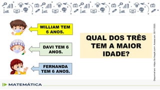 DAVI TEM 6
ANOS.
FERNANDA
TEM 6 ANOS.
WILLIAM TEM
6 ANOS.
QUAL DOS TRÊS
TEM A MAIOR
IDADE?
Disponível
em:
<https://br.freepik.com>.
Acesso
em:
30/11/2020.
 