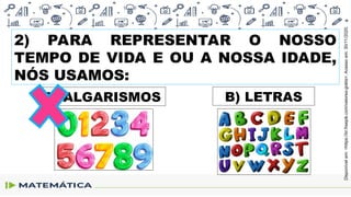 2) PARA REPRESENTAR O NOSSO
TEMPO DE VIDA E OU A NOSSA IDADE,
NÓS USAMOS:
A) ALGARISMOS B) LETRAS
Disponível
em:
<https://br.freepik.com/vetores-grátis>.
Acesso
em:
30/11/2020.
 