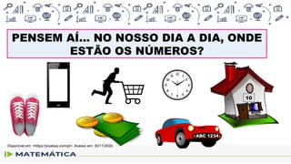 PENSEM AÍ... NO NOSSO DIA A DIA, ONDE
ESTÃO OS NÚMEROS?
10
ABC 1234
Disponível em: <https://pixabay.com/pt>. Acesso em: 30/11/2020.
 