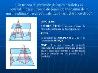 “ Un tronco de pirámide de bases paralelas es equivalente a un tronco de pirámide triangular de la misma altura y bases equivalentes a las del tronco dado” HIPOTESIS: ABCDEA´B´C´D´E´  es un tronco de pirámide cualquiera de bases paralelas TESIS:  El volumen de  ABCDEA´B´C´D´E´  = al volumen de  MNPQRT MNPQRT  es un tronco de pirámide triangular de la misma altura que el tronco dado y bases equivalentes a las del tronco dado y situadas en los planos  α  y  β  paralelos. 