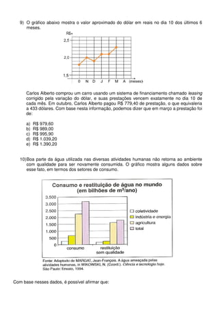 9) O gráfico abaixo mostra o valor aproximado do dólar em reais no dia 10 dos últimos 6
      meses.




      Carlos Alberto comprou um carro usando um sistema de financiamento chamado leasing
      corrigido pela variação do dólar, e suas prestações vencem exatamente no dia 10 de
      cada mês. Em outubro, Carlos Alberto pagou R$ 779,40 de prestação, o que equivaleria
      a 433 dólares. Com base nesta informação, podemos dizer que em março a prestação foi
      de:

      a)   R$ 979,60
      b)   R$ 989,00
      c)   R$ 995,90
      d)   R$ 1.039,20
      e)   R$ 1.390,20


   10) Boa parte da água utilizada nas diversas atividades humanas não retorna ao ambiente
       com qualidade para ser novamente consumida. O gráfico mostra alguns dados sobre
       esse fato, em termos dos setores de consumo.




Com base nesses dados, é possível afirmar que:
 