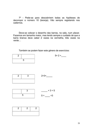 7º - Pede-se para descobrirem todas as hipóteses de
decompor o número 10 (laranja). Vão sempre registando nos
cadernos.



     Deve-se colocar o desenho das barras, na sala, num placar.
Fazemos em tamanho maior, mas tendo sempre o cuidado de que a
barra branca deve caber 2 vezes na vermelha, três vezes na
verde…



     Também se podem fazer este género de exercícios:

    2                                     5= 2 +____

         5




    2        3            2+3=_____




             3            _____ + 3 = 5

        5                 5 = ____ +3




    2        2      2




                                                             20
 
