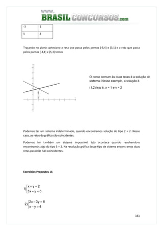 161
-3 1
5 3
Traçando no plano cartesiano a reta que passa pelos pontos (-3,4) e (3,1) e a reta que passa
pelos pontos (-3,1) e (5,3) temos
−1 1 2 3 4 5 6 7 8
−2
−1
1
2
3
4
5
6
x
y
Podemos ter um sistema indeterminado, quando encontramos solução do tipo 2 = 2. Nesse
caso, as retas do gráfico são coincidentes.
Podemos ter também um sistema impossível. Isto acontece quando resolvendo-o
encontramos algo do tipo 5 = 2. Na resolução gráfica desse tipo de sistema encontramos duas
retas paralelas não coincidentes.
Exercícios Propostos 16



=−
=−



=−
=+
4yx
6y3x2
)2
6yx3
2yx
)1
O ponto comum às duas retas é a solução do
sistema. Nesse exemplo, a solução é
(1,2) isto é, x = 1 e y = 2
 