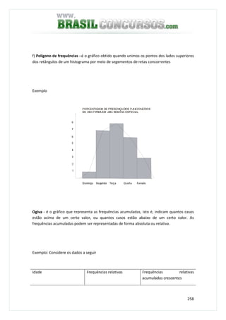 258
f) Polígono de frequências –é o gráfico obtido quando unimos os pontos dos lados superiores
dos retângulos de um histograma por meio de segementos de retas concorrentes
Exemplo
Ogiva - é o gráfico que representa as frequências acumuladas, isto é, indicam quantos casos
estão acima de um certo valor, ou quantos casos estão abaixo de um certo valor. As
frequências acumuladas podem ser representadas de forma absoluta ou relativa.
Exemplo: Considere os dados a seguir
Idade Frequências relativas Frequências relativas
acumuladas crescentes
 