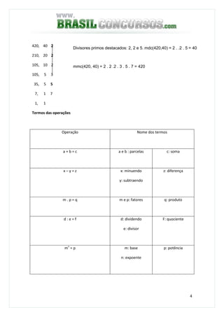 4
420, 40 2
210, 20 2
105, 10 2
105, 5 3
35, 5 5
7, 1 7
1, 1
Termos das operações
Operação Nome dos termos
a + b = c a e b : parcelas c: soma
x – y = z x: minuendo
y: subtraendo
z: diferença
m . p = q m e p: fatores q: produto
d : e = f d: dividendo
e: divisor
F: quociente
mn
= p m: base
n: expoente
p: potência
Divisores primos destacados: 2, 2 e 5. mdc(420,40) = 2 . .2 . 5 = 40
mmc(420, 40) = 2 . 2 .2 . 3 . 5 . 7 = 420
Observação: Se há somente um divisor primo destacado, ele será o mdc.
 