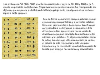 Los símbolos de 50, 500 y 5000 se obtienen añadiendo el signo de 10, 100 y 1000 al de 5,
usando un principio multiplicativo. Progresivamente este sistema ático fue reemplazado por
el jónico, que empleaba las 24 letras del alfabeto griego junto con algunos otros símbolos
según la tabla siguiente

                                       De esta forma los números parecen palabras, ya que
                                      están compuestos por letras, y a su vez las palabras
                                      tienen un valor numérico, basta sumar las cifras que
                                      corresponden a las letras que las componen. Esta
                                      circunstancia hizo aparecer una nueva suerte de
                                      disciplina mágica que estudiaba la relación entre los
                                      números y las palabras. En algunas sociedades como
                                      la judía y la árabe, que utilizaban un sistema similar,
                                      el estudio de esta relación ha tenido una gran
                                      importancia y ha constituido una disciplina aparte: la
                                      kábala, que persigue fines místicos y adivinatorios.
 