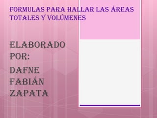Formulas para hallar las áreas
totales y volúmenes

Elaborado
por:
Dafne
Fabián
Zapata

 