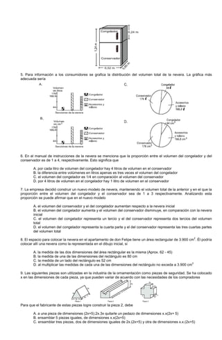 5. Para información a los consumidores se grafica la distribución del volumen total de la nevera. La gráfica más
adecuada sería
6. En el manual de instrucciones de la nevera se menciona que la proporción entre el volumen del congelador y del
conservador es de 1 a 4, respectivamente. Esto significa que
A. por cada litro de volumen del congelador hay 4 litros de volumen en el conservador
B. la diferencia entre volúmenes en litros apenas es tres veces el volumen del congelador
C. el volumen del congelador es 1/4 en comparación al volumen del conservador
D. por 4 litros de volumen en el congelador hay 1 litro de volumen en el conservador
7. La empresa decidió construir un nuevo modelo de nevera, manteniendo el volumen total de la anterior y en el que la
proporción entre el volumen del congelador y el conservador sea de 1 a 3 respectivamente. Analizando esta
proporción se puede afirmar que en el nuevo modelo
A. el volumen del conservador y el del congelador aumentan respecto a la nevera inicial
B. el volumen del congelador aumenta y el volumen del conservador disminuye, en comparación con la nevera
inicial
C. el volumen del congelador representa un tercio y el del conservador representa dos tercios del volumen
total
D. el volumen del congelador representa la cuarta parte y el del conservador representa las tres cuartas partes
del volumen total
8. El espacio para colocar la nevera en el apartamento de don Felipe tiene un área rectangular de 3.900 cm
2
. Él podría
colocar allí una nevera como la representada en el dibujo inicial, si
A. la medida de las dos dimensiones del área rectángular es la misma (Aprox. 62 - 45)
B. la medida de una de las dimensiones del rectángulo es 80 cm
C. la medida de un lado del rectángulo es 52 cm
D. al multiplicar las medidas de cada una de las dimensiones del rectángulo no exceda a 3.900 cm
2
9. Las siguientes piezas son utilizadas en la industria de la ornamentación como piezas de seguridad. Se ha colocado
x en las dimensiones de cada pieza, ya que pueden variar de acuerdo con las necesidades de los compradores
Para que el fabricante de estas piezas logre construir la pieza 2, debe
A. a una pieza de dimensiones (2x+5).2x.3x quitarle un pedazo de dimensiones x.x(2x+ 5)
B. ensamblar 5 piezas iguales, de dimensiones x.x(2x+5)
C. ensamblar tres piezas, dos de dimensiones iguales de 2x.(2x+5) y otra de dimensiones x.x.(2x+5)
 