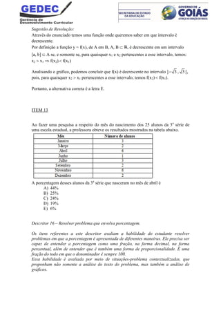 Sugestão de Resolução:
Através do enunciado temos uma função onde queremos saber em que intervalo é
decrescente.
Por definição a função y = f(x), de A em B, A, B  , é decrescente em um intervalo
[a, b]  A se, e somente se, para quaisquer x1 e x2 pertencentes a esse intervalo, temos:
x2  x1  f(x2)  f(x1)
Analisando o gráfico, podemos concluir que f(x) é decrescente no intervalo ] 3 , 3 [,
pois, para quaisquer x2  x1 pertencentes a esse intervalo, temos f(x2)  f(x1).
Portanto, a alternativa correta é a letra E.
ITEM 13
Ao fazer uma pesquisa a respeito do mês do nascimento dos 25 alunos da 3a
série de
uma escola estadual, a professora obteve os resultados mostrados na tabela abaixo.
A porcentagem desses alunos da 3a
série que nasceram no mês de abril é
A) 44%
B) 25%
C) 24%
D) 19%
E) 6%
Descritor 16 – Resolver problema que envolva porcentagem.
Os itens referentes a este descritor avaliam a habilidade do estudante resolver
problemas em que a porcentagem é apresentada de diferentes maneiras. Ele precisa ser
capaz de entender a porcentagem como uma fração, na forma decimal, na forma
percentual, além de entender que é também uma forma de proporcionalidade. É uma
fração do todo em que o denominador é sempre 100.
Essa habilidade é avaliada por meio de situações-problema contextualizadas, que
proponham não somente a análise do texto do problema, mas também a análise de
gráficos.
 