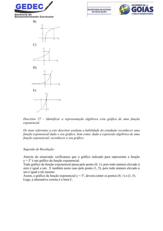 B)
C)
D)
E)
Descritor 27 – Identificar a representação algébrica e/ou gráfica de uma função
exponencial.
Os itens referentes a este descritor avaliam a habilidade do estudante reconhecer uma
função exponencial dado o seu gráfico, bem como, dada a expressão algébrica de uma
função exponencial, reconhecer o seu gráfico.
Sugestão de Resolução:
Através do enunciado verificamos que o gráfico indicado para representar a função
y = 5x
é um gráfico da função exponencial.
Todo gráfico da função exponencial passa pelo ponto (0, 1), pois todo número elevado à
zero é igual a um. E também neste caso pelo ponto (1, 5), pois todo número elevado a
um é igual a ele mesmo.
Assim, o gráfico da função exponencial y = 5x
, deverá conter os pontos (0, 1) e (1, 5).
Logo, a alternativa correta é a letra C.
 