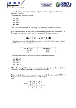 13- Sr. Joaquim, dono do supermercado Quero - Mais, comprou 1135 laranjas, 87
maçãs e 218 mangas.
Quantas frutas Sr. Joaquim comprou?
A) 1330
B) 1353
C) 1430
D) 1440
D17 – Calcular o resultado de uma adição ou subtração de números naturais.
Neste item o estudante precisa somar as quantidades de laranjas com as de maçãs e as
de mangas para encontrar o valor total de frutas que o Sr. Joaquim comprou.
14- Henrique mora em Anápolis e Renato mora em Pirenópolis. Veja, no quadro abaixo,
a medida da área desses municípios, em km².
MUNICÍPIOS ÁREA (km²)
Pirenópolis 6438,5
Anápolis 19314,08
Qual é a diferença entre as áreas das cidades de Anápolis e Pirenópolis?
A) 12875,58
B) 13124,58
C) 13875,58
D) 13985,58
D25 – Resolver problema com números racionais expressos na forma decimal
envolvendo diferentes significados da adição ou subtração.
Para a resolução deste item é necessário efetuar subtração da maior área(19314,08) de
Anápolis pela menor área(6438,5) da cidade de Pirenópolis.
Veja:
 