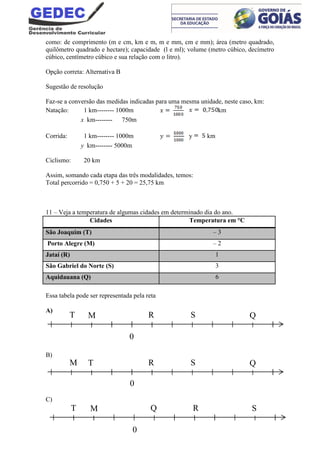 como: de comprimento (m e cm, km e m, m e mm, cm e mm); área (metro quadrado,
quilômetro quadrado e hectare); capacidade (l e ml); volume (metro cúbico, decímetro
cúbico, centímetro cúbico e sua relação com o litro).
Opção correta: Alternativa B
Sugestão de resolução
Faz-se a conversão das medidas indicadas para uma mesma unidade, neste caso, km:
Natação: 1 km-------- 1000m km
x km-------- 750m
Corrida: 1 km-------- 1000m y km
y km-------- 5000m
Ciclismo: 20 km
Assim, somando cada etapa das três modalidades, temos:
Total percorrido = 0,750 + 5 + 20 = 25,75 km
11 – Veja a temperatura de algumas cidades em determinado dia do ano.
Cidades Temperatura em °C
São Joaquim (T) – 3
Porto Alegre (M) – 2
Jataí (R) 1
São Gabriel do Norte (S) 3
Aquidauana (Q) 6
Essa tabela pode ser representada pela reta
A)
B)
C)
T
0
M R S QT
T
T
R S QM
0
M Q R S
Q
T
0
 