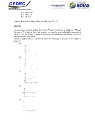 At = 100 + 4. 80
At = 100 + 320
At = 420 cm2
Portanto, a medida da área total da pirâmide é de 420 cm2
.
ITEM 02
Um automóvel parte da cidade de “Monte Verde” em direção a cidade de “Alegre”.
Durante as 3 primeiras horas de viagem, ele mantém uma velocidade constante de
80km/h. Daí em diante, começa a aumentar sua velocidade até atingir 110km/h e
permanece nessa velocidade.
Dentre os gráficos abaixo, aquele que ilustra a velocidade do automóvel em função do
tempo é
A)
B)
C)
D)
E)
 