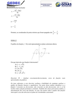 2
( 4 )
4
v
b ac
y
a
 

2
4
4
v
b ac
y
a
 

yv =
yv = -
Portanto, as coordenadas do ponto mínimo que foram apagadas são
3
2
e
1
4
 .
ITEM 12
O gráfico da função y = f(x) está representando no plano cartesiano abaixo.
Em que intervalo essa função é decrescente?
A) ] - , - [
B) ] – 3, - 0 [
C) ] 0, [
D) ] 0, 3 [
E) ] 3 , 3 [
Descritor 20 – Analisar crescimento/decrescimento, zeros de funções reais
apresentadas em gráficos.
Os itens referentes a este descritor avaliam a habilidade do estudante analisar o
gráfico de funções lineares e quadráticas. Faz parte dessa análise identificar se a
função é crescente ou decrescente, não crescente ou não decrescente, isto é, se há
trechos onde a função permanece constante. Também deve fazer parte dessa análise, a
determinação dos zeros das funções, ou seja, dos pontos onde o gráfico das funções
intercepta o eixo das abscissas no plano de coordenadas cartesianas.
 
