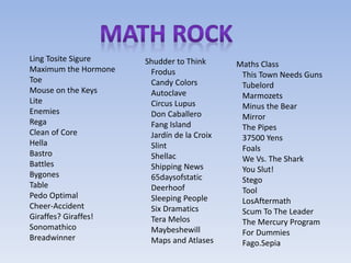 Ling Tosite Sigure
Maximum the Hormone
Toe
Mouse on the Keys
Lite
Enemies
Rega
Clean of Core
Hella
Bastro
Battles
Bygones
Table
Pedo Optimal
Cheer-Accident
Giraffes? Giraffes!
Sonomathico
Breadwinner
Shudder to Think
Frodus
Candy Colors
Autoclave
Circus Lupus
Don Caballero
Fang Island
Jardín de la Croix
Slint
Shellac
Shipping News
65daysofstatic
Deerhoof
Sleeping People
Six Dramatics
Tera Melos
Maybeshewill
Maps and Atlases
Maths Class
This Town Needs Guns
Tubelord
Marmozets
Minus the Bear
Mirror
The Pipes
37500 Yens
Foals
We Vs. The Shark
You Slut!
Stego
Tool
LosAftermath
Scum To The Leader
The Mercury Program
For Dummies
Fago.Sepia
 