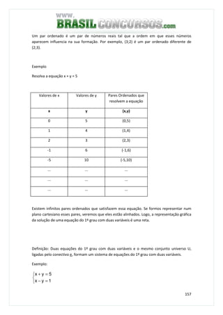 157
Um par ordenado é um par de números reais tal que a ordem em que esses números
aparecem influencia na sua formação. Por exemplo, (3;2) é um par ordenado diferente de
(2;3).
Exemplo
Resolva a equação x + y = 5
Valores de x Valores de y Pares Ordenados que
resolvem a equação
x y (x,y)
0 5 (0,5)
1 4 (1,4)
2 3 (2,3)
-1 6 (-1,6)
-5 10 (-5,10)
... ... ...
... ... ...
... ... ...
Existem infinitos pares ordenados que satisfazem essa equação. Se formos representar num
plano cartesiano esses pares, veremos que eles estão alinhados. Logo, a representação gráfica
da solução de uma equação do 1º grau com duas variáveis é uma reta.
Definição: Duas equações do 1º grau com duas variáveis e o mesmo conjunto universo U,
ligadas pelo conectivo e, formam um sistema de equações do 1º grau com duas variáveis.
Exemplo:



=−
=+
1yx
5yx
 