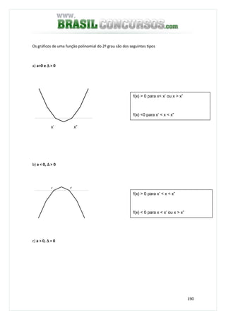 190
Os gráficos de uma função polinomial do 2º grau são dos seguintes tipos
a) a>0 e ∆∆∆∆ > 0
b) a < 0, ∆∆∆∆ > 0
x' x"
c) a > 0, ∆∆∆∆ = 0
f(x) > 0 para x< x’ ou x > x”
f(x) <0 para x’ < x < x”
x’ x”
f(x) > 0 para x’ < x < x”
f(x) < 0 para x < x’ ou x > x”
 
