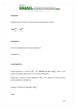 214
Cologaritmo
Cologaritmo de um número é o número oposto ao logaritmo desse número.
)N(
b
)N(
b
loglogco −=
Antilogaritmo
Chama-se antilogaritmo de k na base b à potência bk
.
Antilogb(k) = bk
Função logarítmica
Função logarítmica é a função ,log)x(gpordefinidaRR:g x
a
* =→+ onde a é um
numero real positivo, diferente de 1 e x é um numero real positivo.
Observe que o domínio da função logarítmica é *R+ , isto é, significa que somente valores
positivos poderão ser atribuídos a x.
Exemplo 1: Considere a função x
3log)x(g =
Tabela:
 