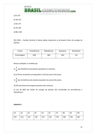 31
a) 0 e 30
b) 30 e 50
c) 50 e 70
d) 70 e 80
e) 80 e 100
20) (CEAL – Auxiliar técnico) A tabela abaixo representa as principais fontes de energia do
planeta:
Fontes Termelétricas Hidrelétricas Nucleares Renováveis
Porcentagem 64% 18% 16% 2%
Nessas condições, é verdade que
a)
9
7
das hidrelétricas do planeta equivalem às nucleares.
b) as fontes renováveis correspondem a 2% das outras três juntas.
c)
8
3
das termelétricas do planeta equivalem às outras três juntas.
d) 25% das fontes de energia do planeta são nucleares.
e) mis de 80% das fontes de energia do planeta são constituídas de termelétricas e
hidrelétricas
Gabarito 3
1d 2a 3a 4c 5e 6c 7d 8a 9e 10c
11b 12a 13c 14e 15e 16a 17b 18e 19a 20e
 