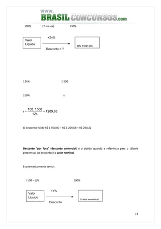 73
100% (2 meses) 130%
124% 1 500
100% x
x = 209,681
124
5001.100
=
O desconto foi de R$ 1 500,00 – R$ 1 209,68 = R$ 290,32
Desconto “por fora” (desconto comercial) é o obtido quando a referência para o cálculo
percentual do desconto é o valor nominal.
Esquematicamente temos
(100 – d)% 100%
Valor
Líquido
+24%
Desconto = ?
R$ 1500,00
Valor
Líquido
+d%
Desconto
Valor nominal
 