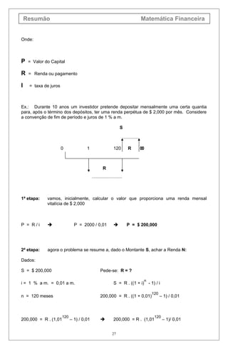 Resumão Matemática Financeira
Onde:
P = Valor do Capital
R = Renda ou pagamento
I = taxa de juros
Ex.: Durante 10 anos um investidor pretende depositar mensalmente uma certa quantia
para, após o término dos depósitos, ter uma renda perpétua de $ 2,000 por mês. Considere
a convenção de fim de período e juros de 1 % a m.
S
0 1 120 R 00
R
1ª etapa: vamos, inicialmente, calcular o valor que proporciona uma renda mensal
vitalícia de $ 2,000
P = R / i  P = 2000 / 0,01  P = $ 200,000
2ª etapa: agora o problema se resume a, dado o Montante S, achar a Renda N:
Dados:
S = $ 200,000 Pede-se: R = ?
i = 1 % a m. = 0,01 a m. S = R . ((1 + i)
n
- 1) / i
n = 120 meses 200,000 = R . ((1 + 0,01)
120
– 1) / 0,01
200,000 = R . (1,01
120
– 1) / 0,01  200,000 = R . (1,01
120
– 1)/ 0,01
27
 