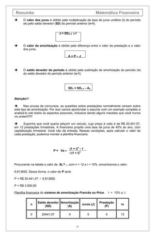 Resumão Matemática Financeira
 O valor dos juros é obtido pela multiplicação da taxa de juros unitária (i) do período
(n) pelo saldo devedor (SD) do período anterior (n-1).
J = SDn-1 x I
 O valor da amortização é obtido pela diferença entre o valor da prestação e o valor
dos juros.
A = P – J
 O saldo devedor do período é obtido pela subtração da amortização do período (n)
do saldo devedor do período anterior (n-1).
SDn = SDn-1 - An
Atenção!!!
 Nas provas de concursos, as questões sobre prestações normalmente versam sobre
este tipo de amortização. Por isso vamos aprofundar o assunto com um exemplo completo e
analisá-lo sob todos os aspectos possíveis, inclusive dando alguns macetes que você nunca
viu antes!!!!!!!
 Suponha que você queira adquirir um veículo, cujo preço à vista é de R$ 20.441,07,
em 12 prestações trimestrais. A financeira propõe uma taxa de juros de 40% ao ano, com
capitalização trimestral. Você não dá entrada. Nessas condições, após calcular o valor de
cada prestação, podemos montar a planilha financeira.
P = Va ÷
(1 + i)n
- 1
i (1 + i)n
Procurando na tabela o valor de an¬ i , com n = 12 e i = 10%, encontramos o valor:
6,813692. Dessa forma, o valor de P será:
P = R$ 20.441,07 / 6,813692
P = R$ 3.000,00
Planilha financeira do sistema de amortização Francês ou Price. I = 10% a. t.
n
Saldo devedor
(SD)
Amortização
(A)
Juros (J)
Prestação
(P)
m
0 20441,07 0 0 0 12
31
 