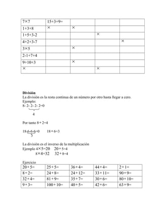 7×7 15+3+9=
1+3+8 × ×
1+5+3-2 ×
4+2+3-7 ×
3×5 ×
2-1+7+4
9+10+3 ×
× ×
División
La división es la resta continua de un número por otro hasta llegar a cero.
Ejemplo:
8- 2- 2- 2- 2=0
4
Por tanto 8 ÷ 2=4
18-6-6-6=0 18 ÷ 6=3
3
La división es el inverso de la multiplicación
Ejemplo 4×5=20 20÷ 5=4
8×4=32 32÷ 8=4
Ejercicio
20÷ 5= 25÷ 5= 36÷ 4= 44÷ 4= 2÷ 1=
8÷ 2= 24÷ 8= 24÷ 12= 33÷ 11= 90÷ 9=
32÷ 4= 81÷ 9= 35÷ 7= 30÷ 6= 80÷ 10=
9÷ 3= 100÷ 10= 40÷ 5= 42÷ 6= 63÷ 9=
 