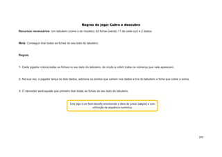 101
Regras do jogo: Cubra e descubra
Recursos necessários: Um tabuleiro (como o do modelo), 22 fichas (sendo 11 de cada cor) e 2 dados.
Meta: Conseguir tirar todas as fichas do seu lado do tabuleiro.
Regras:
1- Cada jogador coloca todas as fichas no seu lado do tabuleiro, de modo a cobrir todos os números que nele aparecem.
2- Na sua vez, o jogador lança os dois dados, adiciona os pontos que saírem nos dados e tira do tabuleiro a ficha que cobre a soma.
3- O vencedor será aquele que primeiro tirar todas as fichas do seu lado do tabuleiro.
Este jogo é um bom desafio envolvendo a ideia de juntar (adição) e com
utilização da sequência numérica.
 