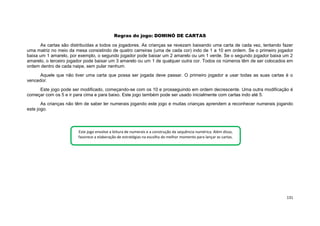 131
Regras do jogo: DOMINÓ DE CARTAS
As cartas são distribuídas a todos os jogadores. As crianças se revezam baixando uma carta de cada vez, tentando fazer
uma matriz no meio da mesa consistindo de quatro carreiras (uma de cada cor) indo de 1 a 10 em ordem. Se o primeiro jogador
baixa um 1 amarelo, por exemplo, o segundo jogador pode baixar um 2 amarelo ou um 1 verde. Se o segundo jogador baixa um 2
amarelo, o terceiro jogador pode baixar um 3 amarelo ou um 1 de qualquer outra cor. Todos os números têm de ser colocados em
ordem dentro de cada naipe, sem pular nenhum.
Aquele que não tiver uma carta que possa ser jogada deve passar. O primeiro jogador a usar todas as suas cartas é o
vencedor.
Este jogo pode ser modificado, começando-se com os 10 e prosseguindo em ordem decrescente. Uma outra modificação é
começar com os 5 e ir para cima e para baixo. Este jogo também pode ser usado inicialmente com cartas indo até 5.
As crianças não têm de saber ler numerais jogando este jogo e muitas crianças aprendem a reconhecer numerais jogando
este jogo.
Este jogo envolve a leitura de numerais e a construção da sequência numérica. Além disso,
favorece a elaboração de estratégias na escolha do melhor momento para lançar as cartas.
 