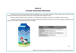 158
ANEXO 20
ATIVIDADE: RECORTANDO EMBALAGENS.
O professor pede aos alunos que tragam caixas de embalagens como: creme dental, sabonete, remédio, sabão em pó, etc. Na sala, cada
criança deve recortar sua caixa nas dobras, de modo que nenhuma parte fique emendada na outra.
Feito isso, colam as partes da caixa em uma folha e um grande painel é organizado na classe com as colagens de todos os alunos.
O professor conversa com a turma, pedindo que cada um diga quais as formas que encontrou em sua caixa, e organiza uma tabela na qual
apareça o uso da caixa e as respectivas figuras que a compõem:
CAIXA FIGURAS
REMÉDIO QUADRADOS E RETÂNGULOS
SABONETE RETÂNGULOS
LEITE TRIÂNGULOS E RETÂNGULOS
CREME DENTAL RETÂNGULOS
Referência: Smole, Kátia Stocco. Coleção Matemática de 0 a 6 – Figuras e formas. Porto Alegre: Artmed, 2003.
 