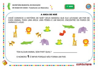 41
A ARCA DE NOÉ
VOCÊ CONHECE A HISTÓRIA DE NOÉ? DEUS MANDOU QUE ELE LEVASSE UM PAR DE
CADA ANIMAL PARA UMA ARCA: UMA FÊMEA E UM MACHO. ENCONTRE OS PARES DE
ANIMAIS E LIGUE:
TEM ALGUM ANIMAL SEM PAR? QUAL?
O NÚMERO 1 É ÍMPAR PORQUE NÃO FORMA UM PAR.
SECRETARIA MUNICIPAL DE EDUCAÇÃO
DE DUQUE DE CAXIAS - Trabalhando com Matemática
1º ANO
 