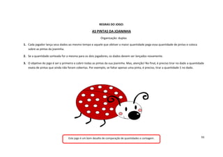 93
REGRAS DO JOGO:
AS PINTAS DA JOANINHA
Organização: duplas
1. Cada jogador lança seus dados ao mesmo tempo e aquele que obtiver a maior quantidade pega essa quantidade de pintas e coloca
sobre as pintas da joaninha.
2. Se a quantidade sorteada for a mesma para os dois jogadores, os dados devem ser lançados novamente.
3. O objetivo do jogo é ser o primeiro a cobrir todas as pintas da sua joaninha. Mas, atenção! No final, é preciso tirar no dado a quantidade
exata de pintas que ainda não foram cobertas. Por exemplo, se faltar apenas uma pinta, é preciso, tirar a quantidade 1 no dado.
Este jogo é um bom desafio de comparação de quantidades e contagem.
 