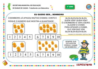 54
EU QUERO SER... BOMBEIRO
O BOMBEIRO JÁ APAGOU MUITAS CHAMAS. CONTE E
RISQUE O NÚMERO QUE MOSTRA A QUANTIDADE:
BLEN BLEN BLEN BLEN
QUEM VEM? QUEM VEM?
É O BOMBEIRO E VEM LIGEIRO.
ALGUÉM O CHAMA
PARA APAGAR A CHAMA.
ELE VEM QUE VEM
BLEN BLEN BLEN BLEN.
FRAGMENTO DE PROFISSÕES. JOSÉ PAULO PAES
1 2 3 4 5 6 7 8 9 10
SEMPRE QUE
ESTIVER EM
PERIGO, CHAME
UM BOMBEIRO.
1 2 3 4 5 6 7 8 9 10
SECRETARIA MUNICIPAL DE EDUCAÇÃO
DE DUQUE DE CAXIAS - Trabalhando com Matemática
1º ANO
 