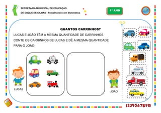 23
QUANTOS CARRINHOS?
LUCAS E JOÃO TÊM A MESMA QUANTIDADE DE CARRINHOS.
CONTE OS CARRINHOS DE LUCAS E DÊ A MESMA QUANTIDADE
PARA O JOÃO:
POLICIA
LUCAS
JOÃO
SECRETARIA MUNICIPAL DE EDUCAÇÃO
DE DUQUE DE CAXIAS - Trabalhando com Matemática
1º ANO
 