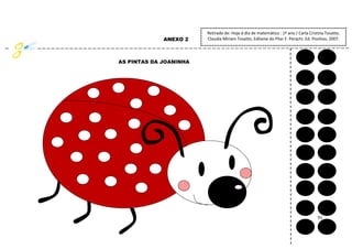 91
ANEXO 2
AS PINTAS DA JOANINHA
Retirado de: Hoje é dia de matemática : 1º ano / Carla Cristina Tosatto,
Claudia Miriam Tosatto, Edilaine do Pilar F. Perachi. Ed. Positivo, 2007.
 