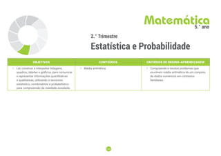 132
132
2.° Trimestre
Estatística e Probabilidade
Matemática
5.° ano
OBJETIVOS CONTEÚDOS CRITÉRIOS DE ENSINO-APRENDIZAGEM
• Ler, construir e interpretar listagens,
quadros, tabelas e gráficos, para comunicar
e representar informações quantitativas
e qualitativas, utilizando o raciocínio
estatístico, combinatório e probabilístico
para compreensão da realidade estudada.
• Média aritmética. • Compreende e resolve problemas que
envolvem média aritmética de um conjunto
de dados numéricos em contextos
familiares.
 