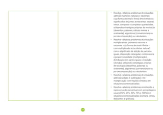 135
135
• Resolve e elabora problemas de situações
aditivas (números naturais e racionais
cuja forma decimal é finita) envolvendo os
significados de juntar, acrescentar, separar,
retirar, comparar e completar quantidades,
utilizando estratégias próprias de resolução
(desenhos, palavras, cálculo mental e
oralmente), algoritmos (convencionais ou
por decomposição) ou calculadora.
• Resolve e elabora problemas de situações
multiplicativas (números naturais e
racionais cuja forma decimal é finita –
com multiplicador e/ou divisor natural)
com o significado de adição de parcelas
iguais, disposição retangular, combinatória
e proporcionalidade (multiplicação),
distribuição em partes iguais e medição
(divisão), utilizando estratégias próprias
de resolução (desenhos, palavras ou
oralmente), algoritmos (convencionais ou
por decomposição) ou calculadora.
• Resolve e elabora problemas de situações
aditivas (adição e subtração) e de
multiplicação com frações simples, em
situações contextualizadas.
• Resolve e elabora problemas envolvendo a
representação percentual com porcentagens
usuais (10%, 25%, 50%, 75% e 100%) em
situações contextualizadas (compra, venda,
descontos e gráficos).
 