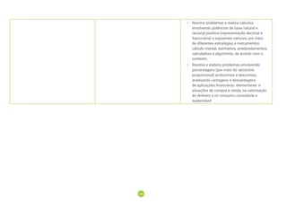 162
162
• Resolve problemas e realiza cálculos
envolvendo potências de base natural e
racional positiva (representação decimal e
fracionária) e expoentes naturais, por meio
de diferentes estratégias e instrumentos:
cálculo mental, estimativa, arredondamentos,
calculadora e algortimos, de acordo com o
contexto.
• Resolve e elabora problemas envolvendo
porcentagens (por meio do raciocínio
proporcional) acréscimos e descontos,
analisando vantagens e desvantagens
de aplicações financeiras elementares e
situações de compra e venda, na valorização
do dinheiro e no consumo consciente e
sustentável.
 