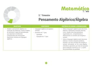 176
176
2.° Trimestre
Pensamento Algébrico/Álgebra
Matemática
7.° ano
OBJETIVOS CONTEÚDOS CRITÉRIOS DE ENSINO-APRENDIZAGEM
• Ampliar o pensamento algébrico na
resolução de problemas, criando modelos
de resolução e regras de generalização
que dependam de diferentes
compreensões das informações
disponíveis, inclusive em linguagem
algébrica.
• Linguagem algébrica (incógnita e
variável).
• Equações de 1.º grau.
-
- Igualdade;
-
- Equações de 1.º grau.
• Utiliza a linguagem algébrica para descrever,
elaborar e representar situações diversas,
como: relação entre duas grandezas,
regularidade, etc., compreendendo e
diferenciando os conceitos de incógnita e
variável.
• Utiliza a linguagem algébrica para descrever,
elaborar e resolver situações problema,
fazendo o uso dos conceitos de incógnita e
variável, articulando, se for o caso, álgebra,
aritmética e geometria, por meio de equações
que se reduzam à forma ax + b = c, a partir
das propriedades da igualdade.
 
