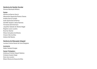 Gerência de Gestão Escolar
Simone Weinhardt Withers
Equipe
Adriana de Barrios Secco
Alessandra Aparecida Pereira Chaves
Andréa Garcia Furtado
Auda Aparecida de Ramos
Danielle Vergínia Lisboa Ramires
Fernanda Ziemmermann
Jaqueline Salanek de Oliveira Nagel
Regiane Laura Loureiro
Rosimeri Becher
Shana Gonçalves de Oliveira
Viviane Vilar da Silva
Zuliane Keli Bastos
Gerência de Educação Integral
Luciana Cristina Nunes de Faria Okagawa
Assistente
Edelis Fabiane Krueger
Equipe Pedagógica
Andressa Priscila Chiquiti Palotino
Cristiane Soares Grippi
Dora Léa Loureiro
Eliane Oliveira de Souza da Silva
 
