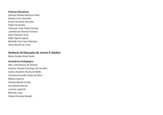 Práticas Educativas
Adriana Peralta Barboza Vieira
Daiana Lima Tarachuk
Emilia Devantel Hercules
Filipe Fernandes
Henrique José Polato Gomes
Josilene de Oliveira Fonseca
Karin Hemann Horn
Kelly Dayane Aguiar
Michelle Tais Faria Feliciano
Vania Wuicik de Lima
Gerência de Educação de Jovens E Adultos
Maria Gorete Stival Paula
Assistência Pedagógica
Alex José Ramos de Oliveira
Antonia Claudia Camargo de Carvalho
Carlos Anselmo Rocha de Mello
Ciomara Amorelli Viriato da Silva
Débora Querioz
Fabíola Maciel Corrêa
Iara Batista Brenny
Luciane Lippman
Marcelo Luzzi
Sheila Christine Minatti
 