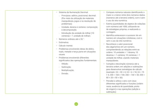 46
46
• Sistema de Numeração Decimal:
-
- Princípios: aditivo, posicional, decimal.
(Por meio da utilização de materiais
manipuláveis, jogos e na resolução de
problemas);
-
- Unidade, dezena e centena: composição
e decomposição.
-
- Introdução da unidade de milhar (10
centenas = 1 unidade de milhar).
• Números ordinais até o 20.°.
• Estimativa.
• Cálculo mental.
• Problemas envolvendo ideias de dobro,
triplo, metade e terça parte em situações
usuais.
• Problemas envolvendo diferentes
significados das operações fundamentais
-
- Adição;
-
- Subtração;
-
- Multiplicação;
-
- Divisão.
• Compara números naturais identificando o
maior e o menor entre dois números dados
(números até a terceira ordem), com e sem
o uso da reta numérica.
• Estima quantidades de objetos de coleções
com números até 1000, utilizando-se
de estratégias próprias, e realizando a
contagem.
• Identifica antecessor e sucessor de um
número em situações cotidianas, com e
sem o uso da reta numérica.
• Reconhece o valor posicional
dos algarismos em um número,
compreendendo as relações entre as
ordens: 10 unidades = 1 dezena; 10
dezenas = 1 centena; 10 centenas = 1
unidade de milhar, usando materiais
manipuláveis.
• Compõe e decompõe números até a
terceira ordem, em adições e subtrações
para desenvolver estratégias de cálculo
(exemplo: 24 = 20 + 4; 24 = 6 + 18; 24 = 19
+ 5; 200 = 100 + 100; 200 = 150 + 50; 200 =
80 + 20 + 50 + 50).
• Percebe e utiliza o zero com seus
diferentes significados e funções (ordem
vazia, ausência de quantidade, ponto
de origem) e nas operações (adição e
subtração).
 