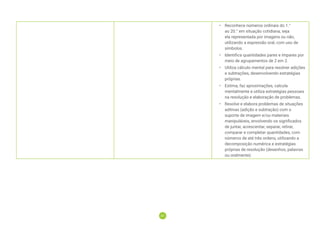 47
47
• Reconhece números ordinais do 1.°
ao 20.° em situação cotidiana, seja
ela representada por imagens ou não,
utilizando a expressão oral, com uso de
símbolos.
• Identiﬁca quantidades pares e ímpares por
meio de agrupamentos de 2 em 2.
• Utiliza cálculo mental para resolver adições
e subtrações, desenvolvendo estratégias
próprias.
• Estima, faz aproximações, calcula
mentalmente e utiliza estratégias pessoais
na resolução e elaboração de problemas.
• Resolve e elabora problemas de situações
aditivas (adição e subtração) com o
suporte de imagem e/ou materiais
manipuláveis, envolvendo os significados
de juntar, acrescentar, separar, retirar,
comparar e completar quantidades, com
números de até três ordens, utilizando a
decomposição numérica e estratégias
próprias de resolução (desenhos, palavras
ou oralmente).
 