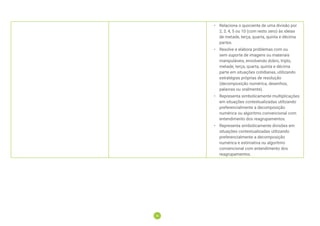 76
76
• Relaciona o quociente de uma divisão por
2, 3, 4, 5 ou 10 (com resto zero) às ideias
de metade, terça, quarta, quinta e décima
partes.
• Resolve e elabora problemas com ou
sem suporte de imagens ou materiais
manipuláveis, envolvendo dobro, triplo,
metade, terça, quarta, quinta e décima
parte em situações cotidianas, utilizando
estratégias próprias de resolução
(decomposição numérica, desenhos,
palavras ou oralmente).
• Representa simbolicamente multiplicações
em situações contextualizadas utilizando
preferencialmente a decomposição
numérica ou algoritmo convencional com
entendimento dos reagrupamentos.
• Representa simbolicamente divisões em
situações contextualizadas utilizando
preferencialmente a decomposição
numérica e estimativa ou algoritmo
convencional com entendimento dos
reagrupamentos.
 