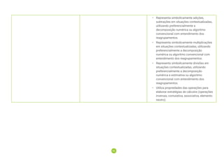 95
95
• Representa simbolicamente adições,
subtrações em situações contextualizadas,
utilizando preferencialmente a
decomposição numérica ou algoritmo
convencional com entendimento dos
reagrupamentos.
• Representa simbolicamente multiplicações
em situações contextualizadas, utilizando
preferencialmente a decomposição
numérica ou algoritmo convencional com
entendimento dos reagrupamentos.
• Representa simbolicamente divisões em
situações contextualizadas, utilizando
preferencialmente a decomposição
numérica e estimativa ou algoritmo
convencional com entendimento dos
reagrupamentos.
• Utiliza propriedades das operações para
elaborar estratégias de cálculos (operações
inversas, comutativa, associativa, elemento
neutro).
 