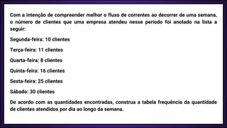 Com a intenção de compreender melhor o fluxo de correntes ao decorrer de uma semana,
o número de clientes que uma empresa atendeu nesse período foi anotado na lista a
seguir:
Segunda-feira: 10 clientes
Terça-feira: 11 clientes
Quarta-feira: 8 clientes
Quinta-feira: 16 clientes
Sexta-feira: 25 clientes
Sábado: 30 clientes
De acordo com as quantidades encontradas, construa a tabela frequência da quantidade
de clientes atendidos por dia ao longo da semana.
 