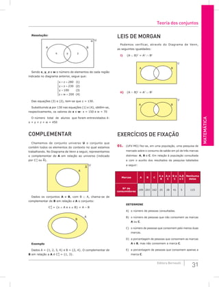 Matemática
31
Editora Bernoulli
Resolução:
A
x z
w
y
B
U
Sendo x, y, z e w o número de elementos de cada região
indicada no diagrama anterior, segue que:
x z
y z
y
z w
+ =
+ =
=
+ =







280
230
100
200
1
2
3
4
( )
( )
( )
( )
Das equações (3) e (2), tem-se que z = 130.
Substituindo z por 130 nas equações (1) e (4), obtêm-se,
respectivamente, os valores de x e w: x = 150 e w = 70
O número total de alunos que foram entrevistados é:
x + y + z + w = 450
Complementar
Chamemos de conjunto universo U o conjunto que
contém todos os elementos do contexto no qual estamos
trabalhando. No Diagrama de Venn a seguir, representamos
o complementar de A em relação ao universo (indicado
por C A
U ou A).
A
U
A
Dados os conjuntos A e B, com B ⊂ A, chama-se de
complementar de B em relação a A o conjunto:
C B
A = {x ∈ A e x ∉ B} = A – B
A
B
Exemplo
Dados A = {1, 2, 3, 4} e B = {2, 4}. O complementar de
B em relação a A é C B
A = {1, 3}.
lEIS DE MORGAN
Podemos verificar, através do Diagrama de Venn,
as seguintes igualdades:
i) (A ∪ B)C
= AC
∩ BC
A B
U
ii) (A ∩ B)C
= AC
∪ BC
A B
U
Exercícios de Fixação
01. (UFV-MG) Fez-se, em uma população, uma pesquisa de
mercado sobre o consumo de sabão em pó de três marcas
distintas: A, B e C. Em relação à população consultada
e com o auxílio dos resultados da pesquisa tabelados
a seguir:
Marcas A B C
A e
B
A e
C
B e
C
A,B
e C
Nenhuma
delas
Nº de
consumidores
109 203 162 25 28 41 5 115
DETERMINE
A) o número de pessoas consultadas.
B) o número de pessoas que não consomem as marcas
A ou C.
C) o número de pessoas que consomem pelo menos duas
marcas.
D) a porcentagem de pessoas que consomem as marcas
A e B, mas não consomem a marca C.
E) a porcentagem de pessoas que consomem apenas a
marca C.
Teoria dos conjuntos
 